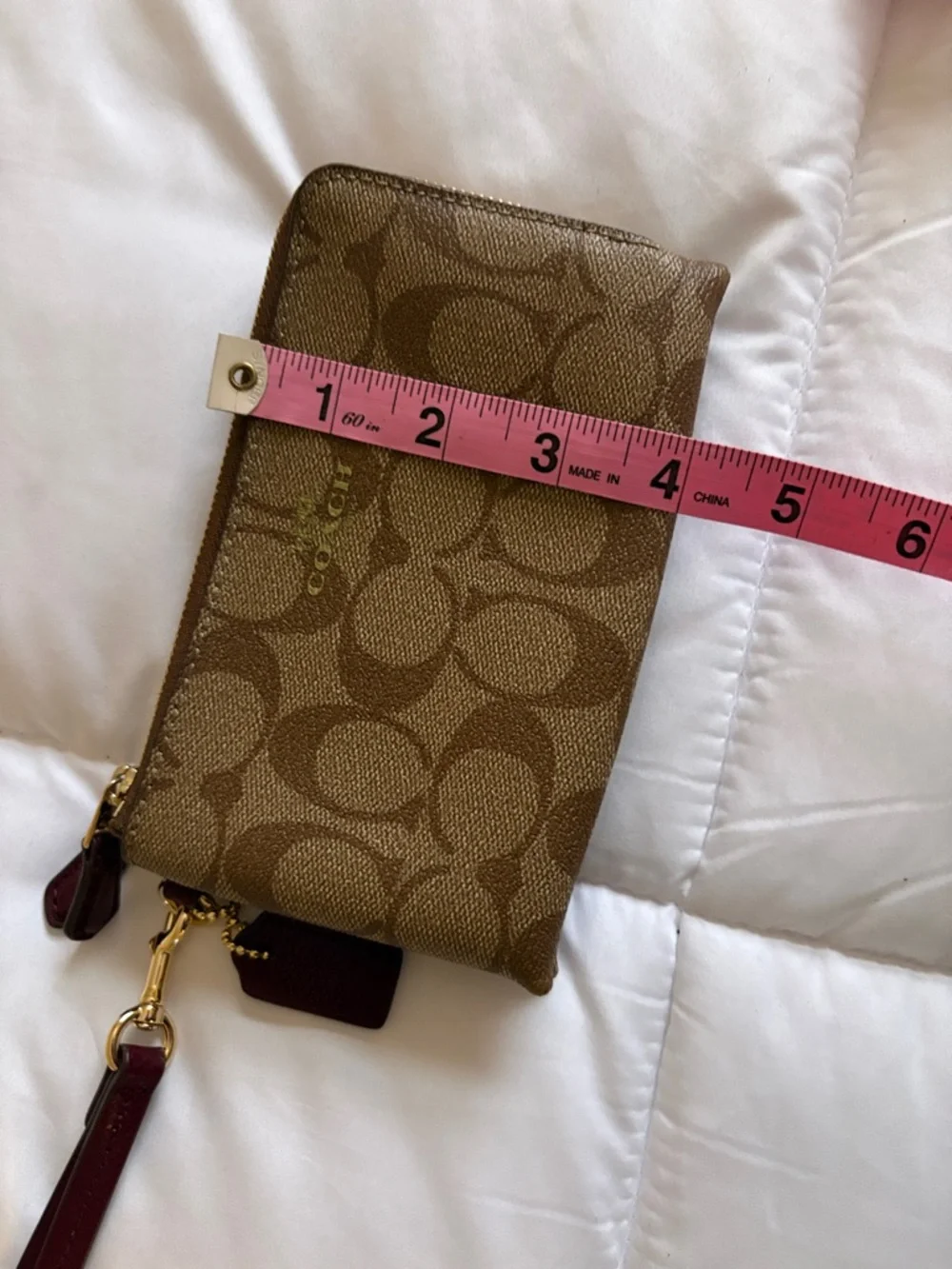 Coach Brown Signature Canvas Wristlet with Burgundy Strap with Dust Cover - Picture 11 of 11